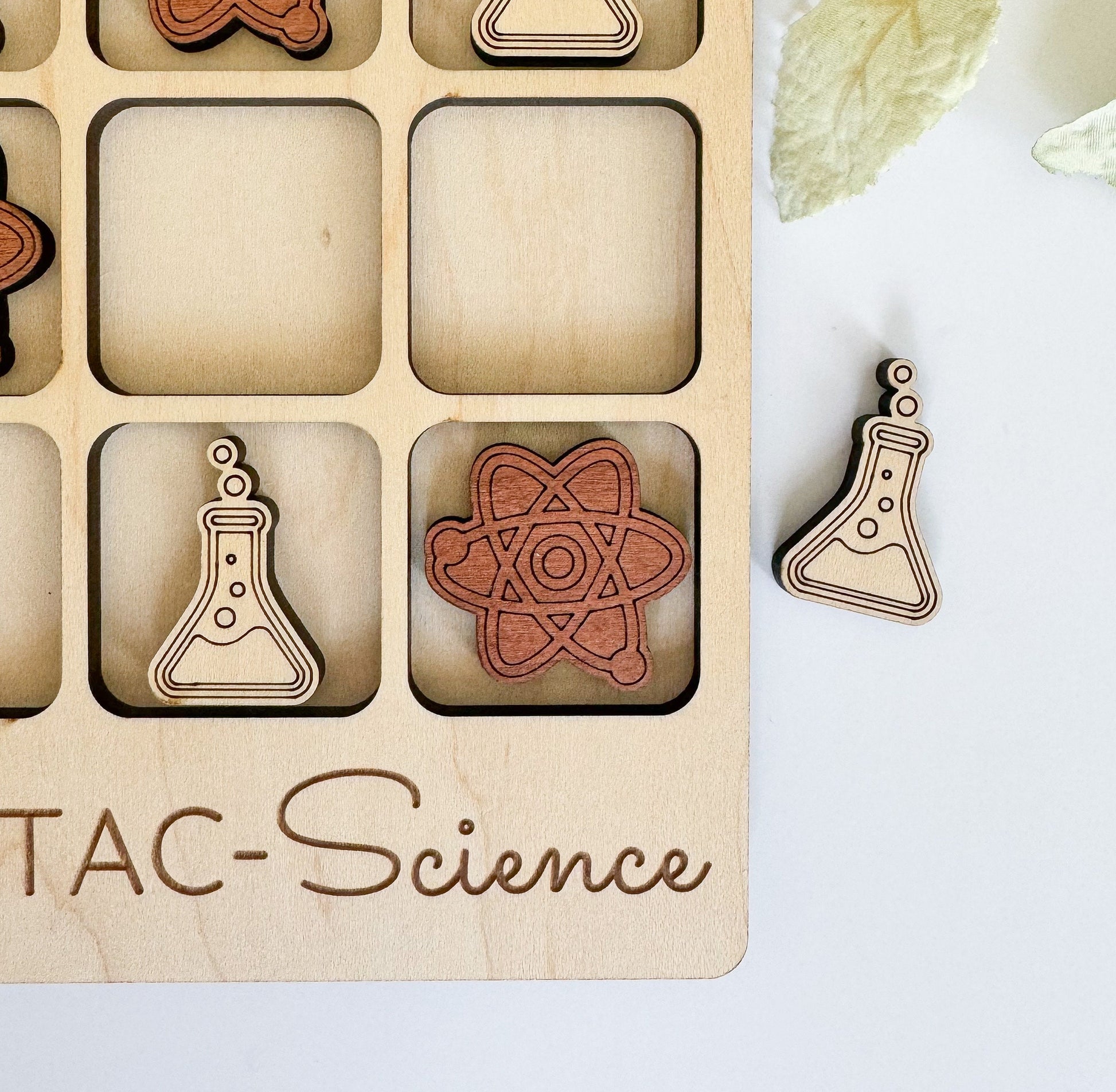 a set of wooden magnets with a science theme